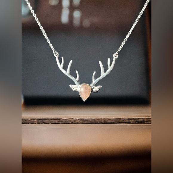 Peach Moonstone Sterling Silver Deer Head Necklace - Picture 1 of 5